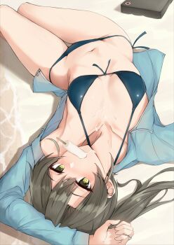 1girl bikini blue_bikini blue_jacket commentary_request food front-tie_bikini_top front-tie_top highres hood hooded_jacket jacket jacket_over_swimsuit k_jie kantai_collection looking_at_viewer lowleg lowleg_bikini lying mouth_hold ponytail popsicle side-tie_bikini_bottom solo swimsuit zuikaku_(kancolle) zuikaku_(swimsuit)_(kancolle) zuikaku_kai_ni_(kancolle)