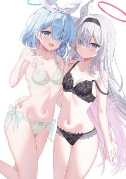 2girls alternate_costume arona_(blue_archive) bare_shoulders black_bra black_pantyhose blue_archive blue_eyes blue_hair blue_halo blush bra breasts closed_mouth collarbone colored_inner_hair commentary_request eyes_visible_through_hair fingernails grey_eyes grey_hair hair_over_one_eye halo hand_on_another's_waist hand_up highres kurumi_lm long_hair looking_at_viewer medium_hair multicolored_hair multiple_girls navel open_mouth panties pantyhose pink_hair plana_(blue_archive) red_halo signature simple_background small_breasts stomach strap_slip twitter_username underwear very_long_hair white_background white_bra white_panties
