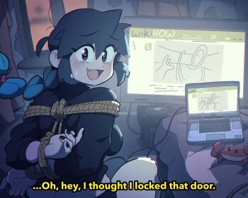 1girl arms_behind_back bdsm bondage bound computer english_text fang heart heart-shaped_pupils highres lucia_(scott_malin) original rope scott_malin self_bondage symbol-shaped_pupils