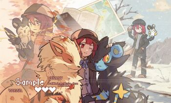 Rule 34 | 1girl, :<, :3, :d, arcanine, black fur, black jacket, blue bow, blue fur, bow, closed eyes, colored sclera, commission, electricity, emolga, fang, fluffy, flying, gen 1 pokemon, gen 4 pokemon, gen 5 pokemon, grey hat, grey vest, hat, highres, jacket, looking at another, looking at viewer, luxray, multiple views, nintendo, one eye closed, open mouth, orange fur, outdoors, pokemon, pokemon (creature), red eyes, red hair, red sclera, robinlovesop, smile, standing, vest, white fur, yellow eyes, yellow fur