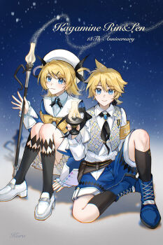 1boy 1girl absurdres alternate_costume anniversary black_necktie black_socks blonde_hair blue_boots blue_eyes blue_jacket blue_shorts boots character_name closed_mouth collared_shirt commentary cross_tie full_body grey_vest hat highres holding holding_lamp holding_staff jacket kagamine_len kagamine_rin kneehighs looking_at_viewer medium_hair necktie nobinobida plaid_clothes plaid_vest shirt shoes short_hair shorts siblings sitting socks staff vest vocaloid white_hat white_shirt white_shoes