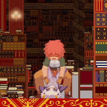 1boy 1girl animated animated_gif armor attack_it!_devil_legion bad_id bad_pixiv_id bad_tag belt book book_stack bookshelf brown_pants carpet closed_eyes clothed_sex cum demon_girl ejaculation gloves green_shirt grin helmet indoors internal_cumshot lamp library looping_animation lowres monster_girl open_mouth pants penis pixel_art poring_(poccii890) pubic_tattoo pussy red_hair shirt short_hair smile standing tattoo torso_grab white_hair wings yellow_eyes