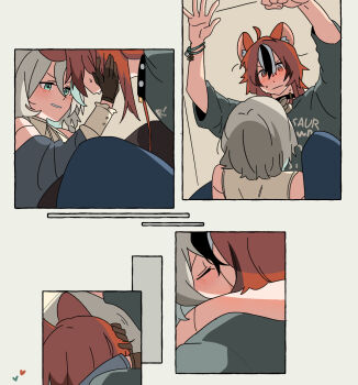 2girls animal_ears black_collar black_gloves black_streaks blue_eyes blush bracelet cecilia_immergreen collar commentary fongban_illust gloves grey_shirt hakos_baelz highres hololive hololive_english jewelry kiss long_hair mouse_ears multiple_girls parted_lips red_eyes red_hair shirt virtual_youtuber white_hair white_streaks yuri