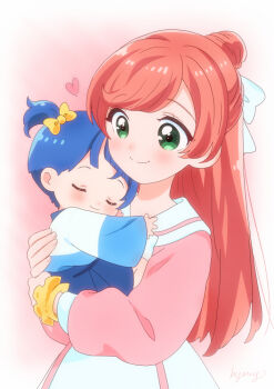 Rule 34 | 2girls, aged down, artist name, asymmetrical bangs, baby, blue hair, blue shirt, blue skirt, blush, bow, bowtie, carrying, child carry, closed eyes, closed mouth, collared dress, commentary, cut bangs, diagonal bangs, dress, fingernails, gradient background, green eyes, hair bow, hair bun, hair ribbon, half updo, heart, hirogaru sky! precure, kyanos (b 0000ff), long hair, long sleeves, looking at another, multicolored dress, multiple girls, nijigaoka mashiro, one side up, pink background, pink dress, pink hair, pleated skirt, precure, puffy long sleeves, puffy sleeves, ribbon, sailor collar, scrunchie, shirt, short dress, short hair, signature, single hair bun, skirt, smile, sora harewataru, split mouth, swept bangs, two-tone dress, two-tone shirt, u u, upper body, white background, white bow, white bowtie, white dress, white ribbon, white sailor collar, white shirt, wrist scrunchie, yellow scrunchie