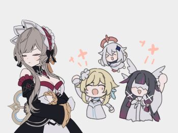 4girls bare_shoulders black_collar black_hair black_sleeves blonde_hair breasts brown_hair chibi cleavage closed_eyes collar columbina_(genshin_impact) detached_collar detached_sleeves dress genshin_impact grey_background grey_dress headdress highres long_hair long_sleeves lumine_(genshin_impact) medium_breasts merry-san multiple_girls paimon_(genshin_impact) sandrone_(genshin_impact) short_hair_with_long_locks simple_background