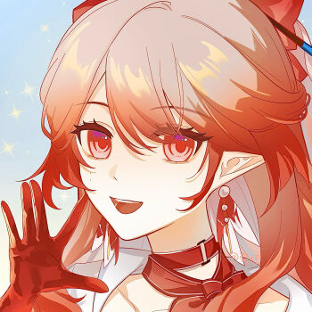 1girl arknights choker earrings gloves gradient_hair hair_ornament haruka_(arknights) highres jewelry long_hair looking_at_viewer molestation multicolored_hair open_mouth orange_hair pink_hair pointy_ears portrait red_eyes red_gloves red_hair smile solo virtual_youtuber yunxi