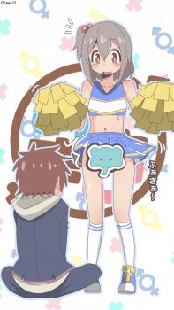 2boys ^^^ accidental_exposure artist_name bambi2000line bare_arms bare_shoulders black_jacket black_pants blue_skirt blush brown_eyes brown_hair censored cheerleader collarbone commentary crop_top crossdressing crossdressing_(mtf) full_body grey_hair hair_between_eyes hair_bobbles hair_ornament highres holding holding_pom_poms hood hood_down jacket kneehighs male-female_symbol male_focus medium_hair midriff miniskirt multiple_boys navel no_panties notice_lines novelty_censor one_side_up onii-chan_wa_oshimai! pants pleated_skirt pom_pom_(cheerleading) pom_poms sakurada_yuuta senkawa_minato shoes simple_background sitting skirt socks standing translated trap white_background white_socks wind wind_lift