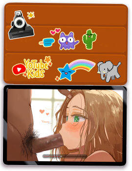 1boy 1girl absurdres aoife_campbell_(masuda_(yousaytwosin)) blush cactus censored elephant fake_video father_and_daughter fellatio green_eyes green_hair heart hetero highres loli long_hair looking_at_penis male_pubic_hair masuda_(yousaytwosin) mosaic_censoring oral original penis pornstar pubic_hair rainbow solo_focus sticker video_camera wavy_hair youtube youtube_logo