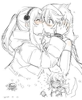 Rule 34 | 2girls, anger vein, blush, dated, greyscale, hand on another's face, highres, hood, hood up, kiss, koishikawa iko, long hair, momijiyama teru, monochrome, multiple girls, nervous sweating, ponytail, short hair, shy (character), shy (series), spot color, sweat, takatisakana, translation request, yuri