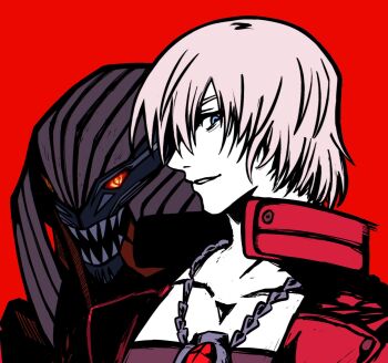 1boy alternate_form blue_eyes coat collarbone dante_(devil_may_cry) demon demon_boy devil_may_cry devil_may_cry_(series) devil_may_cry_3 devil_trigger gem highres iluvmyhamster69 jewelry lapels looking_to_the_side male_focus necklace parted_lips profile red_background red_coat red_gemstone simple_background smile white_hair