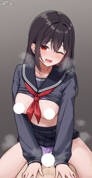 Rule 34 | 1girl, absurdres, arm support, black hair, blush, censored, censored nipples, heart, heart-shaped pupils, highres, long hair, looking at viewer, neckerchief, one eye closed, original, panties, partially undressed, pleated skirt, purple panties, ramchi, red neckerchief, sailor collar, school uniform, simple background, skirt, steam, sweat, symbol-shaped pupils, underwear, yandere-chan (ramchi)