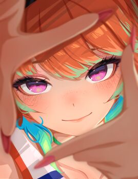 1girl close-up commentary earrings feather_earrings feathers finger_frame fingernails green_hair highres hololive hololive_english jewelry long_fingernails looking_at_viewer multicolored_hair orange_hair purple_eyes sansha_art smile solo takanashi_kiara takanashi_kiara_(1st_costume) two-tone_hair virtual_youtuber