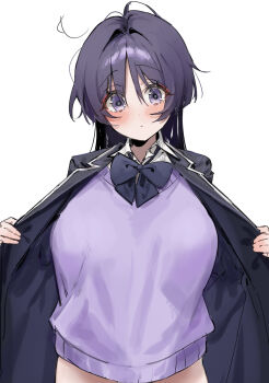 1girl au_au08 black_jacket blue_bow blue_bowtie blush bow bowtie breasts choppy_bangs closed_mouth commentary_request cowboy_shot eyeliner genderswap genderswap_(mtf) genshin_impact hair_between_eyes highres jacket large_breasts long_hair looking_at_viewer makeup open_clothes open_jacket opened_by_self out-of-frame_censoring purple_eyes purple_hair purple_sweater red_eyeliner scaramouche_(genshin_impact) simple_background solo sweater white_background