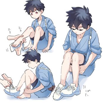 1boy 1other black_hair closed_eyes feet full_body highres japanese_clothes kemono_jihen kimono kusaka_kabane male_focus multiple_views out_of_frame red_eyes sequential shoes short_hair sitting solo_focus thick_eyebrows wao_(77_af5) white_background yukata