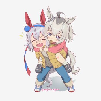 2girls aged_down ahoge animal_ears bandaged_leg bandages bandaid bandaid_on_face bandaid_on_nose black_shorts blue_eyes blue_hairband blue_pants blush carrying closed_eyes coat commentary ear_covers ear_ornament english_commentary fang food food_in_mouth giragira_egao grey_hair grey_sweater grey_tail hair_between_eyes hair_ornament hairband headband horse_ears horse_girl horse_tail jacket long_hair long_sleeves multicolored_hair multicolored_hairband multiple_girls oguri_cap_(umamusume) open_clothes open_coat open_mouth pants piggyback pink_sweater ponytail red_headband shirt short_hair shorts smile socks striped_clothes striped_hairband sweater tail tamamo_cross_(umamusume) two-tone_hairband umamusume umamusume:_cinderella_gray yellow_coat