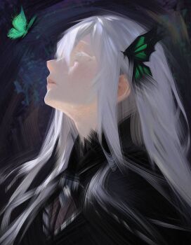 1girl black_dress bug butterfly butterfly_hair_ornament colored_eyelashes commentary dress echidna_(re:zero) green_butterfly hair_ornament highres insect long_hair looking_at_animal looking_up nyte_tyde painterly parted_lips portrait re:zero_kara_hajimeru_isekai_seikatsu solo white_eyelashes white_hair
