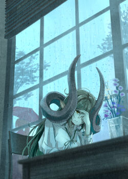 Rule 34 | 159cm, 2girls, animal ears, chair, closed mouth, commentary request, curled horns, day, flower, glan (159cm), green hair, hand on own face, horns, huge horns, indoors, long hair, monster girl, multiple girls, neck ribbon, one eye covered, original, purple flower, rain, red umbrella, ribbon, sad, shirt, sitting, table, tree, umbrella, white flower, white shirt, window, window blinds, wine-chan (159cm), wooden chair, wooden table, yellow eyes