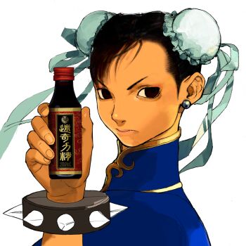 1girl bottle bracelet brown_eyes brown_hair bun_cover capcom china_dress chinese_clothes chun-li double_bun dress earrings from_side game_cg hair_bun harumaru highres jewelry non-web_source official_art product_placement solo spiked_bracelet spikes street_fighter street_fighter_iii_(series) studded_bracelet