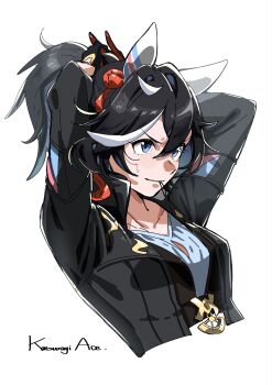 1girl adjusting_hair animal_ears anime_coloring black_hair black_jacket blue_eyes blue_shirt breasts character_name cleavage_cutout clothing_cutout collarbone collared_jacket commentary_request cropped_torso determined ear_covers eyelashes hair_between_eyes hair_intakes hair_ornament high_collar highres horse_ears horse_girl jacket katsuragi_ace_(dragon_rising_to_the_top)_(umamusume) katsuragi_ace_(umamusume) long_hair long_sleeves looking_ahead messy_hair multicolored_hair ohayonabeno open_clothes open_jacket ponytail shirt simple_background small_breasts solo streaked_hair umamusume v-shaped_eyebrows white_background