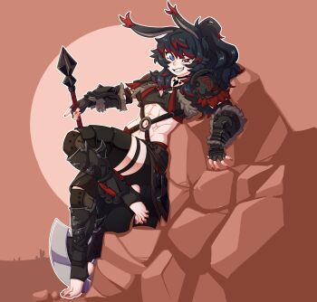 1girl abs animal_ears armor axe black_choker black_fur black_hair black_sports_bra blue_eyes breasts brown_nails cactus choker colored_tips commentary commission crazy_eyes desert english_commentary evil_smile fang fantasy feet fingerless_gloves full_moon fur_trim gloves harness heterochromia highres holding holding_axe holding_weapon jewelry knee_pads knee_up leaning_back leather leather_armor leather_gloves long_hair long_toenails looking_at_viewer messy_hair midriff moon multicolored_hair muscular muscular_female nail_polish navel night night_sky o-ring o-ring_harness orange_sky original outline pale_skin pauldrons pendant rabbit_ears rabbit_girl red_eyes red_fur red_hair rock sharp_toenails shin_guards shiny_skin shoulder_armor sitting sky small_breasts smile smirk smug solo spicy_bardo sports_bra stirrup_legwear thick_thighs thigh_strap thighs tiptoes toeless_legwear toenail_polish toenails toned toned_female two-tone_fur two-tone_hair two-tone_legwear vambraces vjkta_vesttur_(berserker_bun) weapon white_outline wiggling_toes