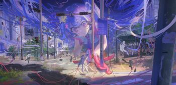 Rule 34 | 1girl, 1other, astronaut, binary, boots, cable, city, floating clothes, floating hair, giant, giantess, gloves, hand on own shoulder, highres, long hair, looking at another, necktie, original, outdoors, pink gloves, purple eyes, purple hair, shirt, space, string, string of fate, thigh boots, tot 7399, traffic light, twintails, very long hair