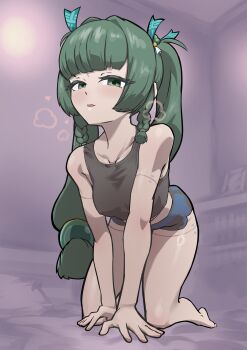 1girl absurdres all_fours android bare_shoulders barefoot black_shirt black_shorts blue_shorts blush braid braided_sidelocks breasts collarbone commentary_request crop_top full_body green_eyes green_hair hair_ornament half-closed_eyes heavy_breathing highres indoors long_hair looking_at_viewer medium_breasts multicolored_shorts on_bed open_mouth pillow qingyi_(zenless_zone_zero) shirt shorts sidelocks solo sphere_hair_ornament twintails user_chhh8335 zenless_zone_zero