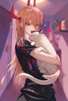 1girl animal black_shirt blonde_hair blurry blurry_background cat chainsaw_man cross-shaped_pupils demon_girl demon_horns door hair_between_eyes highres holding holding_animal holding_cat horns indoors long_hair meowy_(chainsaw_man) multiple_horns pochita_(chainsaw_man) power_(chainsaw_man) red_horns sharklesz sharp_teeth shirt solo symbol-shaped_pupils teeth yellow_eyes