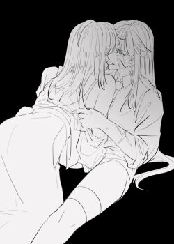 2girls between_legs camisole collared_shirt earrings greyscale highres jewelry kneeling long_hair long_sleeves monochrome multiple_girls necktie path_to_nowhere rahu_(path_to_nowhere) scar scar_across_eye scar_on_arm scar_on_face shalom_(path_to_nowhere) shirt skirt snowballes tongue tongue_out yuri