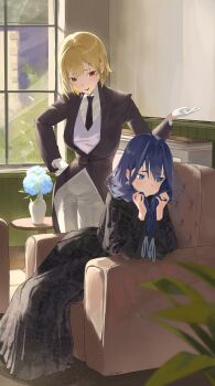 Rule 34 | 2girls, absurdres, black dress, black necktie, blonde hair, blue eyes, braid, butler, collared shirt, commentary, dress, embroidered dress, fanged bangs, female butler, formal clothes, gloves, hair intakes, hand on own hip, hashtag-only commentary, highres, hololive, hololive english, hololive indonesia, indoors, juliet sleeves, kaela kovalskia, long hair, long sleeves, looking at another, low twin braids, multiple girls, necktie, official alternate costume, official alternate hairstyle, ouro kronii, ouro kronii (maid), pant suit, pants, puffy sleeves, red eyes, shirt, short hair, sitting, suit, tailcoat, tuxedo shirt, twin braids, virtual youtuber, white gloves, white pants, white shirt, zargaz