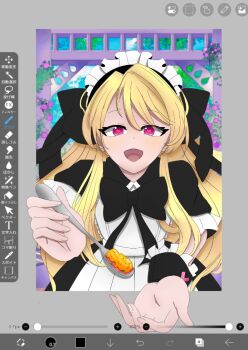 1girl art_program_in_frame chaos_marie_(grimms_notes) grimms_notes holding holding_spoon looking_at_viewer maid open_mouth pink_eyes smile solo spoon upper_body user_xxer5444