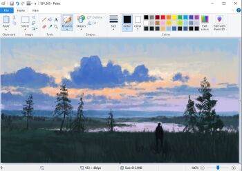 1other art_program_in_frame christian_young cloud cloudy_sky commentary from_behind full_body grass lake landscape microsoft_paint_(medium) microsoft_paint_(software) mountainous_horizon no_humans original outdoors painterly pastel_colors scenery screencap sky sky_focus standing sunset tree
