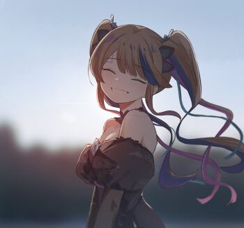 1girl airi_kanna antlers bare_back bare_shoulders black_dress blurry blurry_background breasts brown_hair choker cleavage clenched_teeth closed_eyes commentary_request dragon_girl dragon_horns dress forehead_tattoo highres horns korean_commentary multicolored_hair seongda shoulder_tattoo small_horns smile stellive streaked_hair tattoo teeth twintails