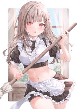 1girl absurdres apron bike_shorts black_necktie black_shirt black_shorts black_skirt blue_sky blunt_ends blush border breasts brown_hair center_frills collared_shirt commentary_request commission cowboy_shot crop_top cropped_shirt curtains day eyelashes fang frilled_apron frilled_shirt frilled_skirt frills hair_ornament hair_over_shoulder hairclip highres holding holding_mop indoors large_breasts linea_alba long_hair looking_at_viewer maid miniskirt mop multicolored_shirt navel necktie open_window outside_border parted_lips project_nebula puffy_short_sleeves puffy_sleeves red_eyes shirt short_necktie short_sleeves shorts shorts_under_skirt skeb_commission skirt sky solo standing stomach suzuri_ren tsumugi-t virtual_youtuber waist_apron white_apron white_border white_shirt wind window wing_collar