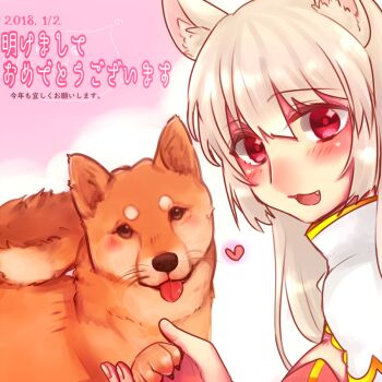 Rule 34 | 1girl, animal ear fluff, animal ears, arch bishop (ragnarok online), blonde hair, blush, breasts, cat ears, cat girl, chinese zodiac, commentary request, dated, dog, dress, fang, long hair, looking at viewer, medium breasts, open mouth, pink background, ragnarok online, red dress, red eyes, shiba inu, shirokuro (erisnoa), smile, solo, translation request, two-tone dress, upper body, white dress, year of the dog