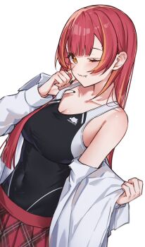 1girl black_nails blush breasts cleavage closed_mouth commentary competition_swimsuit covered_navel fang highres long_hair looking_at_viewer multicolored_hair nekota_tsuna off_shoulder one-piece_swimsuit one_eye_closed orange_eyes orange_hair red_hair red_skirt ringozeri shirt simple_background skirt solo streaked_hair swimsuit swimsuit_under_clothes two-tone_hair virtual_youtuber vspo! white_background white_shirt