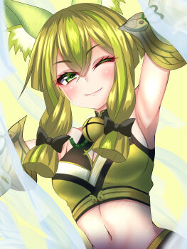 Rule 34 | 1girl, absurdres, animal ears, arms up, bell, breasts, cleavage, cleavage cutout, clothing cutout, crop top, duel monster, fox ears, green eyes, green hair, highres, hu-li the jewel mikanko, jingle bell, juubun maeda, looking at viewer, medium breasts, midriff, navel, sideboob, smile, solo, torso, yu-gi-oh!