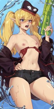 1girl allen_skies bare_shoulders bikini bikini_bottom_under_shorts bikini_under_clothes black_shorts blonde_hair blush breasts collarbone commission hair_between_eyes hat highres jacket long_hair navel nipples off_shoulder open_clothes open_jacket open_mouth original pointy_ears purple_eyes red_bikini short_shorts shorts small_breasts solo swimsuit teeth thighs twintails untied_bikini_top wardrobe_malfunction water water_gun wet