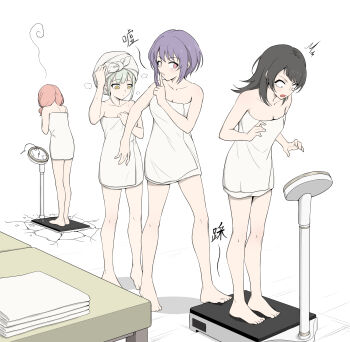 Rule 34 | 4girls, anglediana, bang dream!, bang dream! girls band party!, bang dream! it's mygo!!!!!, black hair, breasts, chinese commentary, cleavage, commentary request, green hair, highres, multiple girls, naked towel, open mouth, pink eyes, pink hair, prank, purple eyes, short hair, towel, uehara himari, wakaba mutsumi, weighing scale, weight conscious, yahata umiri, yellow eyes, yuutenji nyamu