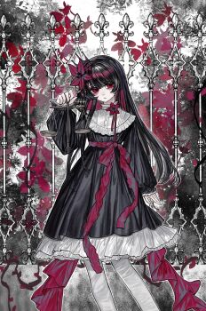 1girl absurdres alternate_costume artist_request balance_scale black_dress black_hair blunt_bangs chinese_commentary collared_dress commentary_request commission crown dress feet_out_of_frame fence flower frilled_dress frills hair_flower hair_ornament hand_up highres holding_scale long_hair long_sleeves looking_at_viewer magical_girl mahou_shoujo_no_majo_saiban nikaido_hiro pale_skin parted_lips puffy_long_sleeves puffy_sleeves red_eyes red_flower ribbon second-party_source solo standing weighing_scale