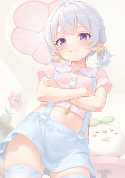 1girl blue_skirt blush closed_mouth collared_shirt commentary_request creature crop_top cropped_shirt double-parted_bangs from_behind grey_hair highres indoors looking_at_viewer looking_down low_twintails midriff miniskirt navel original pink_shirt purple_eyes rebun shirt short_hair short_sleeves skirt smile solo suspender_skirt suspenders twintails