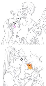 4girls age_difference blue_eyes d.va_(overwatch) earrings face-to-face facial_mark gloves goggles halo headphones helmet highres holding_hands interlocked_fingers jewelry long_hair looking_at_another mercy_(overwatch) multiple_girls overwatch overwatch_1 ponytail short_hair spiked_hair tracer_(overwatch) widowmaker_(overwatch) yellow_eyes yuri