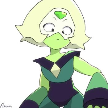 1girl annabird2520 artist_name bodysuit closed_mouth colored_skin face_shield forehead_jewel gem green_skin looking_down non-web_source peridot_(steven_universe) simple_background solo steven_universe