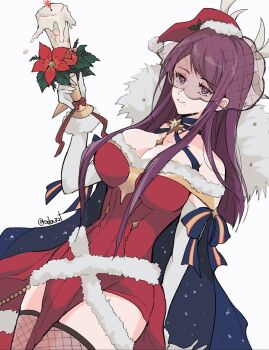 1girl blue_cape breasts candle cape christmas cleavage closed_mouth commentary dress elbow_gloves fire_emblem fire_emblem_engage fire_emblem_heroes fishnet_thighhighs fishnets fur-trimmed_dress fur-trimmed_headwear fur_trim gloves hat highres holding holding_candle ivy_(fire_emblem) ivy_(flurry_embrace)_(fire_emblem) large_breasts long_hair looking_at_viewer mole mole_under_mouth nintendo oda32t official_alternate_costume purple_eyes purple_hair red_dress santa_costume santa_dress santa_hat skindentation smile solo symbol-only_commentary thighhighs thighs white_background white_gloves