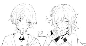 1boy 1girl bare_shoulders blunt_ends blush bodysuit cape choppy_bangs closed_eyes closed_mouth diamond-shaped_pupils diamond_(shape) dress eyelashes facing_another feather_hair_ornament feathers fingerless_gloves flower genshin_impact gloves greyscale hair_flower hair_intakes hair_ornament halterneck hand_up highres japanese_clothes kimono looking_at_another lumine_(genshin_impact) mandarin_collar monochrome open_clothes open_kimono parted_lips scaramouche_(genshin_impact) scarf short_hair short_hair_with_long_locks shoulder_peek sidelocks sideways_glance smile split_mouth symbol-shaped_pupils tsurime twitter_username vambraces wanderer_(genshin_impact) whisper_(suisuibingtang) white_background