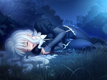 1girl black_dress black_pantyhose blood blood_on_clothes blood_on_ground blush breasts caren_hortensia closed_eyes dress fate/hollow_ataraxia fate_(series) female_focus fingernails game_cg grass imminent_penetration imminent_rape imminent_vaginal juliet_sleeves leotard loli long_fingernails long_hair long_sleeves lying no_headwear official_art on_side open_mouth orgasm outdoors pantyhose puffy_long_sleeves puffy_sleeves sexually_suggestive small_breasts solo solo_focus takeuchi_takashi textless_version white_hair white_leotard