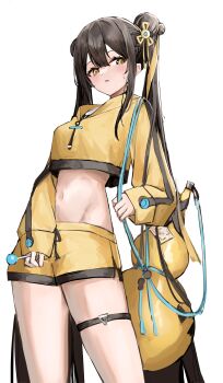 1girl :o absurdres black_hair blush candy cowboy_shot cropped_hoodie dot_nose double_bun food gourd hair_between_eyes hair_bun highres holding holding_candy holding_food holding_lollipop holding_string hood hoodie legs lollipop long_hair long_sleeves midriff navel original shiro_wa_(shiroshironix) shirt short_shorts shorts sidelocks simple_background sleeves_past_wrists solo string sweatdrop thigh_strap thighs very_long_hair white_background white_shirt yellow_eyes yellow_hoodie