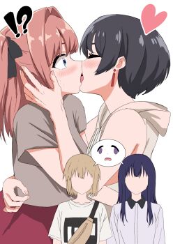 !? 4girls absurdres bag bare_arms bare_shoulders black_hair black_ribbon blue_eyes blush bow brown_hair brown_hoodie chang_chin-lan collared_shirt commentary_request couple earrings faceless faceless_female french_kiss grey_shirt gujyo_kanade hair_intakes hair_ribbon hand_up heart highres hood hood_down hoodie hug jealous jewelry kamiina_botan kamiina_botan_yoeru_sugata_wa_yuri_no_hana kinomiki kiss long_hair long_sleeves looking_at_another multiple_girls pink_hair purple_eyes purple_hair red_skirt ribbon sad shared_speech_bubble shirt short_hair short_sleeves side-by-side sidelocks simple_background skirt sleeveless sleeveless_hoodie speech_bubble spoken_sad spoken_sad_face straight_hair surprised sweat t-shirt tonami_ibuki two_side_up upper_body white_background white_shirt yuri