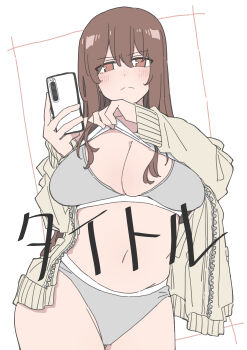 :&lt; absurdres blush breasts brown_eyes brown_hair clothes_lift durindana_7 grey_sports_bra grey_sports_panties highres jitome large_breasts navel original rina_(durindana_7) shirt_lift sports_bra tagme thighs zipper