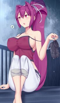 1girl breasts camisole capri_pants covered_erect_nipples crop_top hair_intakes hair_ribbon highres large_breasts long_hair pants pants_rolled_up ponytail purple_hair red_camisole red_eyes ribbon solo soukitsu under_night_in-birth water_drop white_pants white_ribbon yuzuriha_(under_night_in-birth)