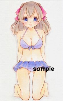 1girl barefoot bikini bikini_skirt bow bow_bikini breasts brown_hair cleavage collarbone commentary_request crossed_bangs delicious_party_precure dot_nose double-parted_bangs full_body gluteal_fold highres kneeling large_breasts long_hair looking_at_viewer marker_(medium) nagomi_yui navel open_mouth precure purple_bikini raised_eyebrows simple_background smile solo stomach straight-on swimsuit traditional_media user_xygd2488 white_background